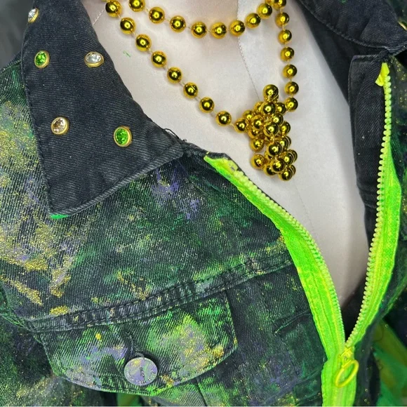 Custom Vibrant Mardi Gras Green and Black Denim American Bazi Jacket, Size: Lg - Picture 10 of 10